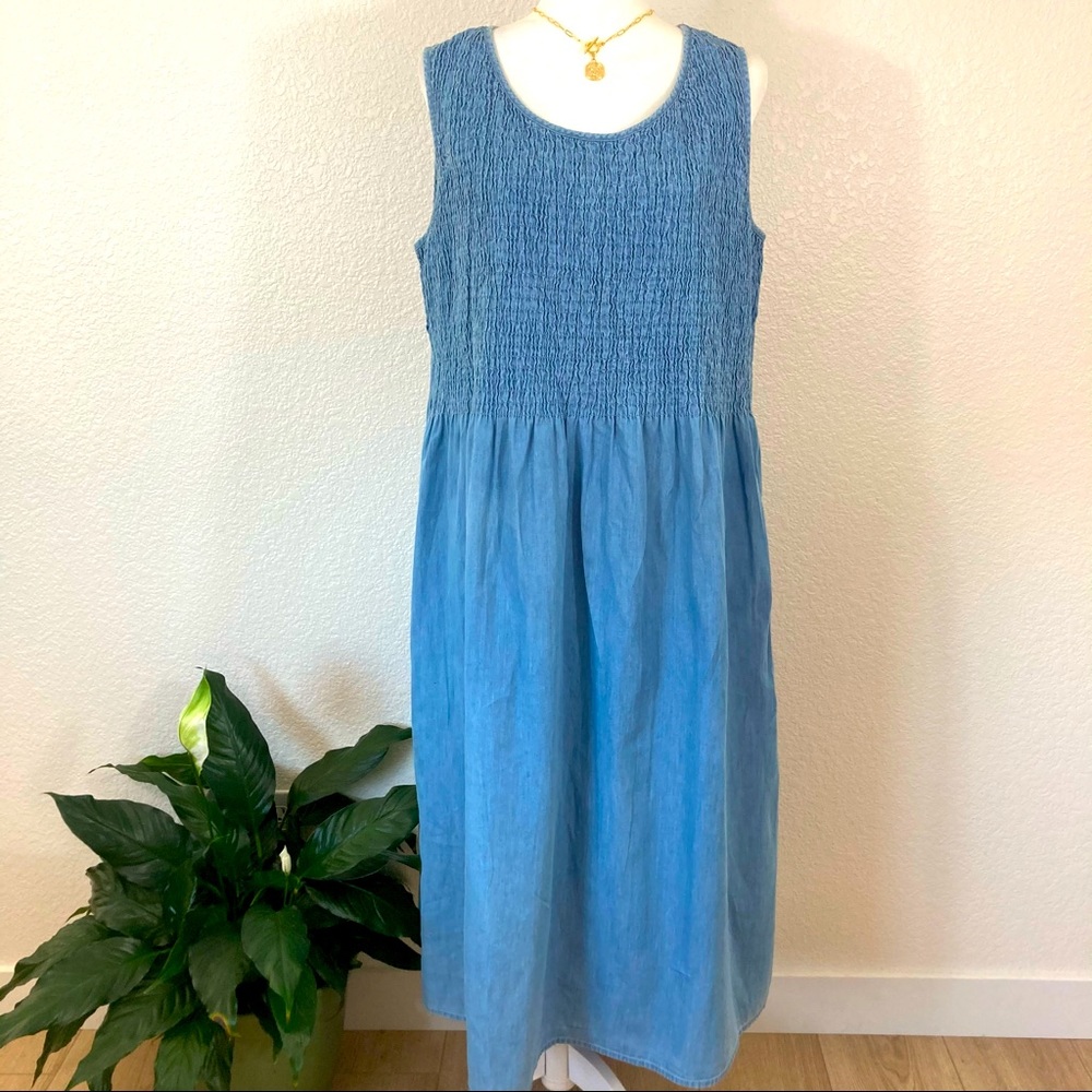 Plus Smocked Denim Sleeveless Midi Tank Dress